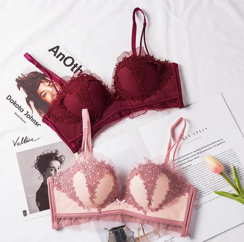 floral wireless sexy bras lace lightly lined triangle bra set underwear women lingerie deep plunge V neck new arrival
