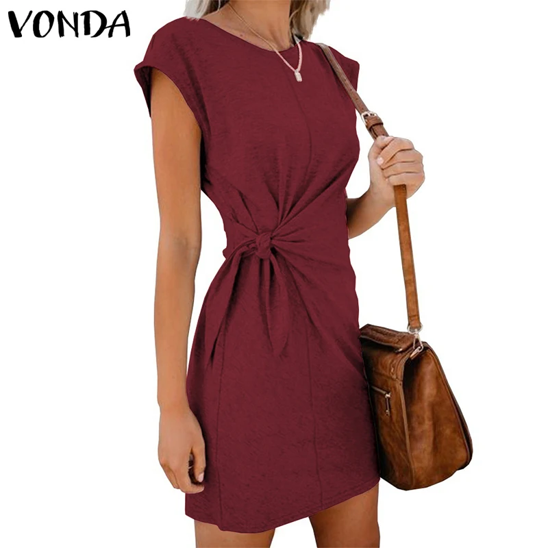 VONDA женское платье, повседневное мини-платье с круглым вырезом и коротким рукавом, пляжные платья, летний сарафан с поясом