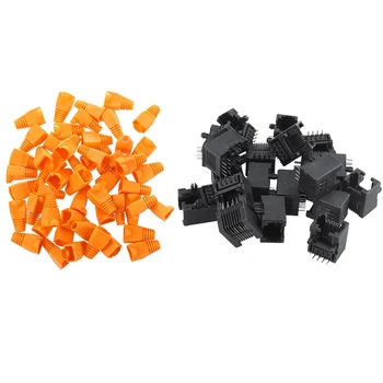 

50 Pcs RJ45 Connector Modular Network Plug End Cap Orange & 20Pcs RJ45 8P8C Computer Internet Network PCB Jack Socket