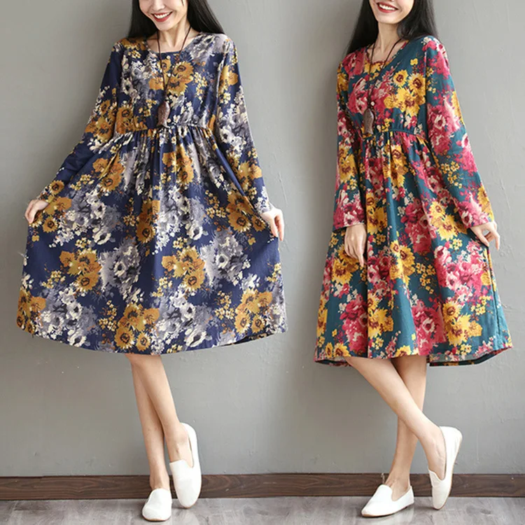 

Autumn New Style WOMEN'S Dress 2018 Cotton Linen Elastic Waist Mid-length Floral-Print Cotton Linen Long-sleeved Dress