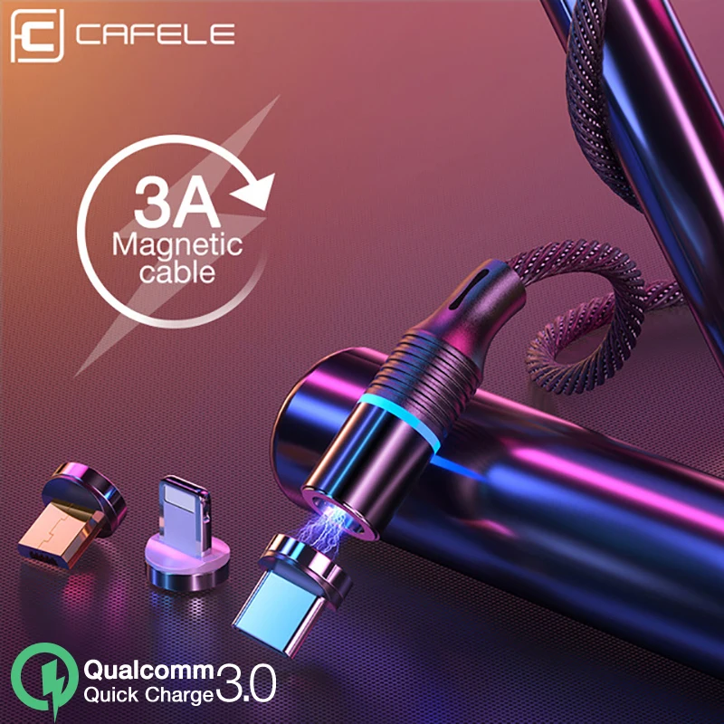 Магнитный зарядный кабель Cafele светодиодный плетеный QC3.0 Micro USB Type C для iPhone 12 Samsung