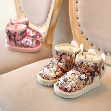 Детская обувь; зимняя обувь в Корейском стиле с милым бантом и блестками; зимние сапоги для девочек; новые детские хлопковые сапоги с милыми заячьими ушками