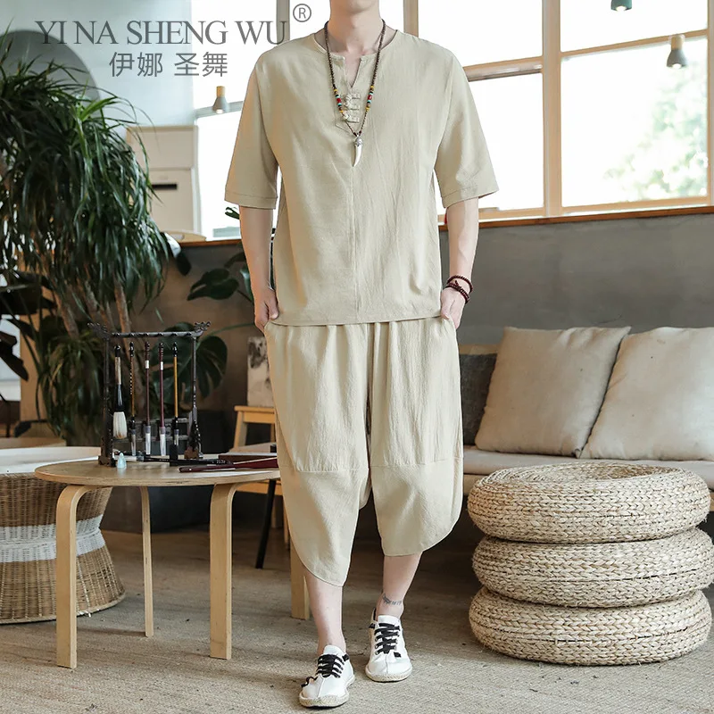 Japanese Style Suits Kimono Short-Sleeved Harajuku T-shirt Pants Men Tops Trousers Male Japan Harajuku Yukata Costumes 2pcs Set