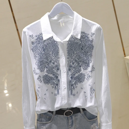 white Neploe, хлопок, лен, Blusas, Корейская, женская, элегантная, OL, блузка, Цветочная вышивка, длинный рукав, рубашка,, весна, лето, новинка, топы 57141 - Цвет: white
