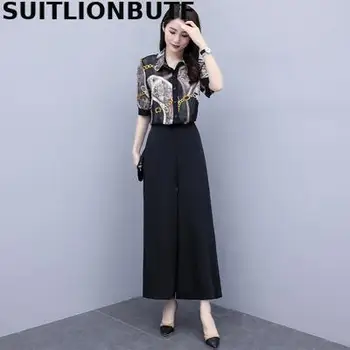 

Perfect Quality 2020 Summer OL Two Piece Set Vintage Print Tops Ropa Mujer Elastic Waist Wide Leg Pants Ensemble Femme Conjunto