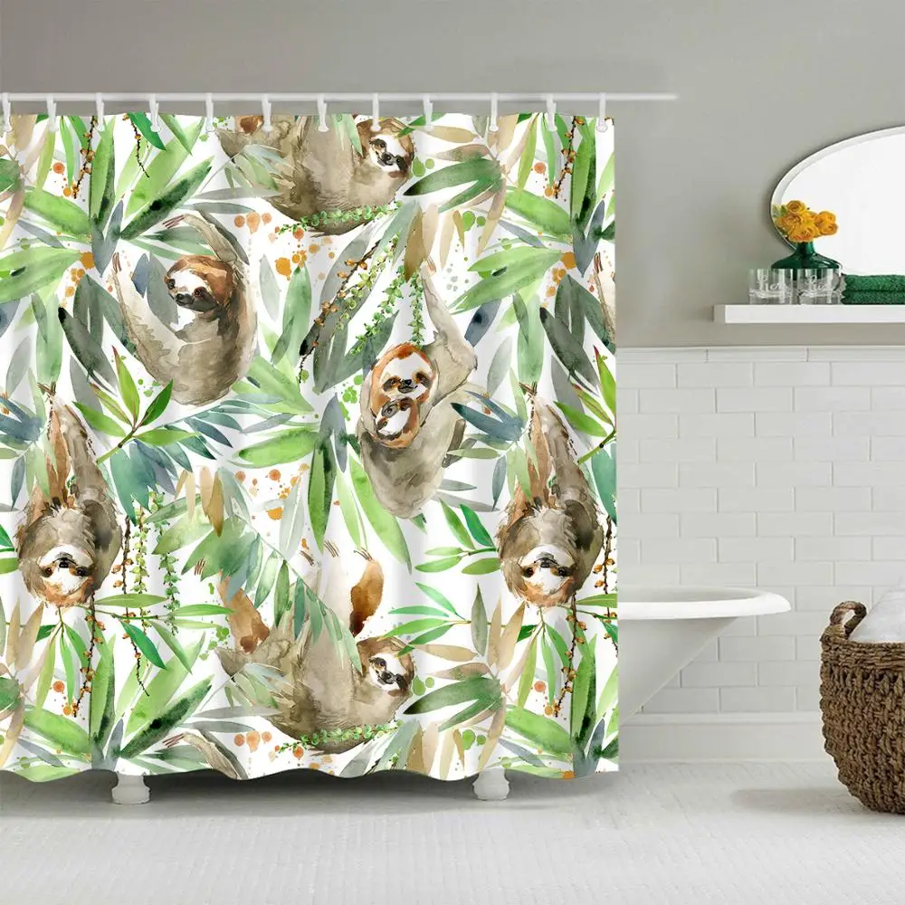 Happy Unicorn Shower Curtain Set Bathroom Anti-Mildew Waterproof Fabric 12 Hooks 