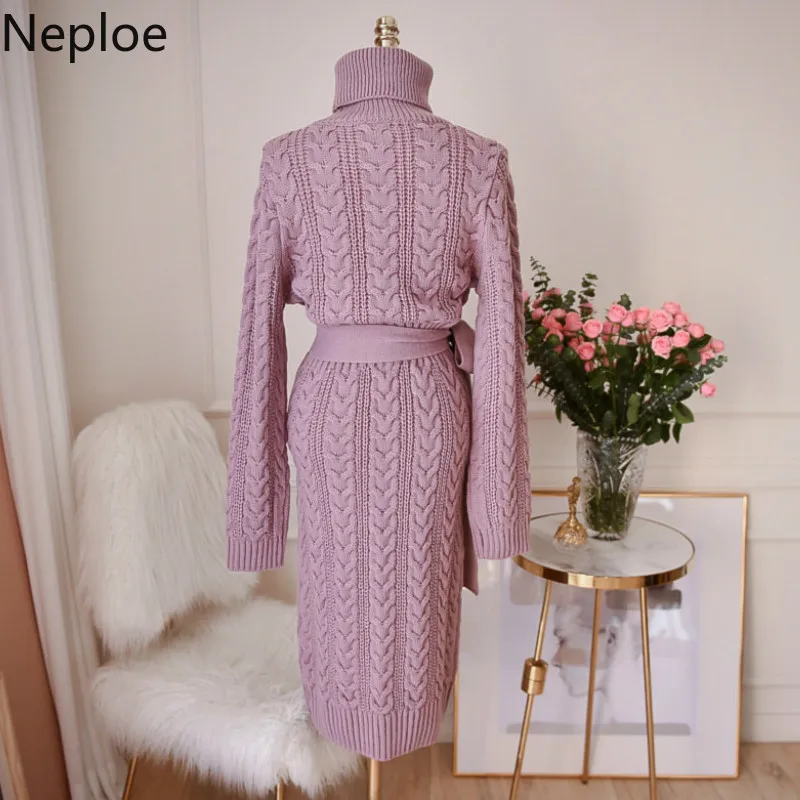 Neploe, корейский, твист, тонкая талия, шнуровка, длинный свитер, водолазка, длинный рукав, низ, уплотненная, для женщин, Осень-зима, вязаное платье