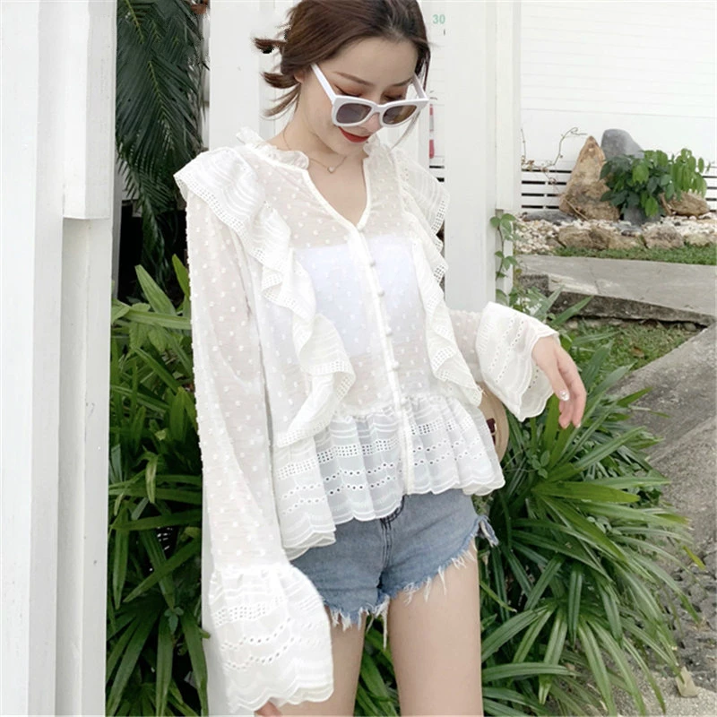 

Sleeves Hollow Out Fresh Hook Flowers V-Neck Elegant Casual Female Ruffles Sweet Free Loose Shirt 2 Colors