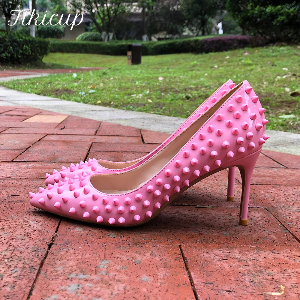 

Tikicup Pink Women Wild Spikes Pointed Toe High Heels Punk Rivets Sexy Ladies Designer Party Dress Shoes Fashion Stiletto Pumps