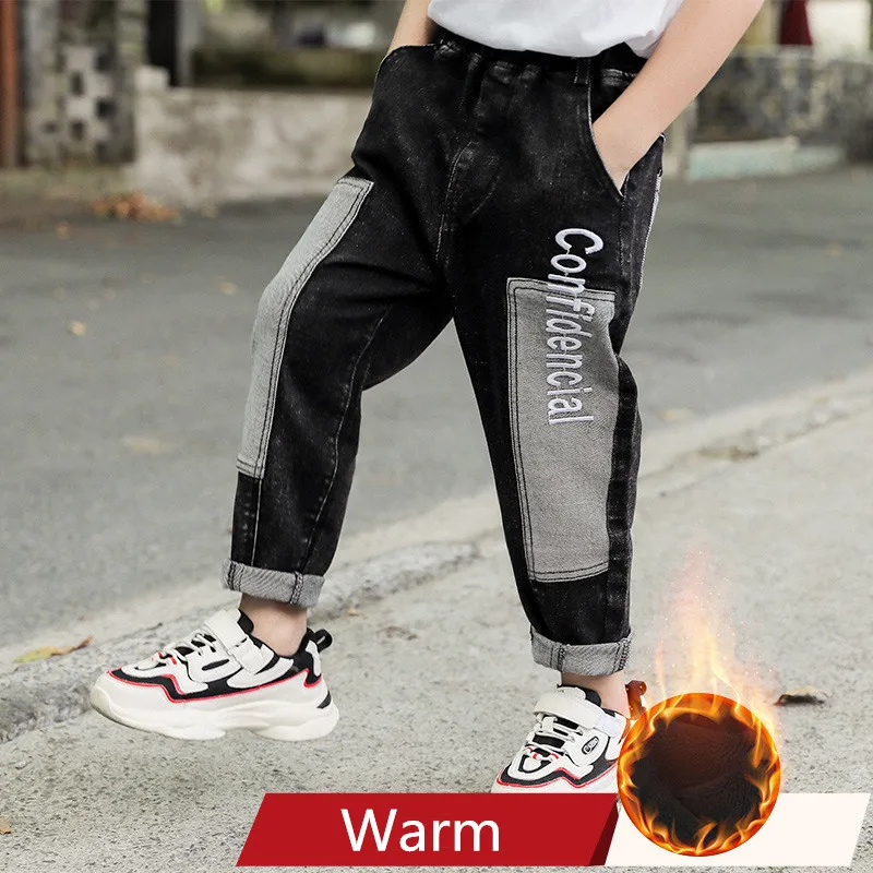 02 black warm Г., зимние модные штаны утолщенные теплые джинсы для мальчиков, плюшевые штаны детские вельветовые брюки для мальчиков, джинсы для детей 3, 8, 10, 13, 12 лет - Цвет: 02 black warm