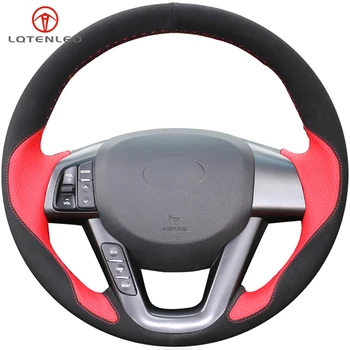 

LQTENLEO Red Leather Black Suede DIY Hand-stitched Car Steering Wheel Cover For Kia K5 Optima 2008-2013