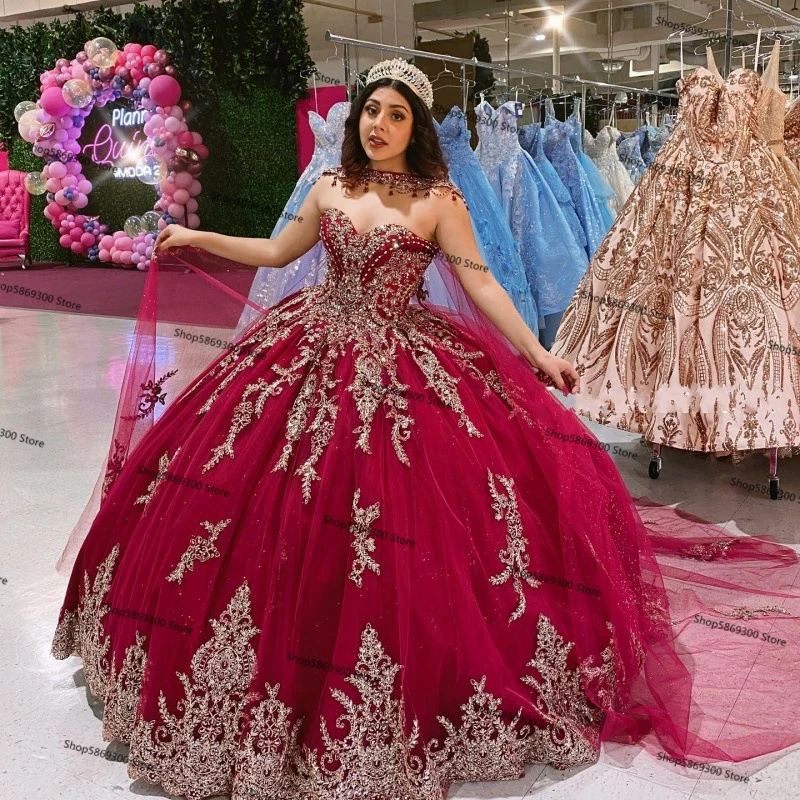 Red Quinceanera dresses with cape