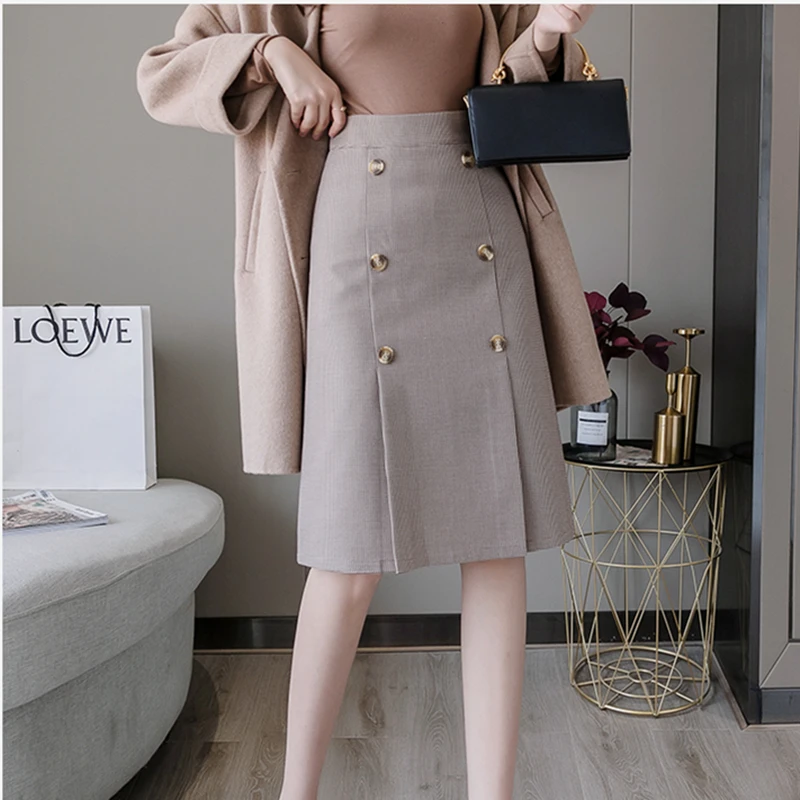 

LUKAXSIKAX 2020 New Spring Autumn Women High Waist Slim Midi Skirt High Quality Vintage Double Breasted Plaids Skirt