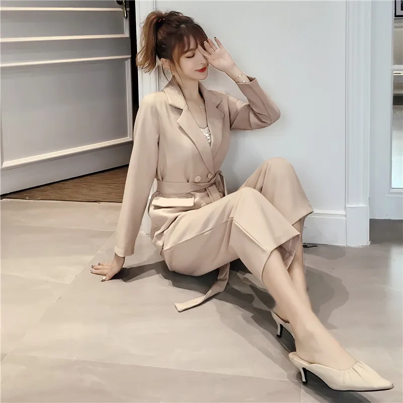 Autumn Winter  Women Lace Up Pant Suit Notched Blazer Jacket & Pant Office Wear Suits Female Sets