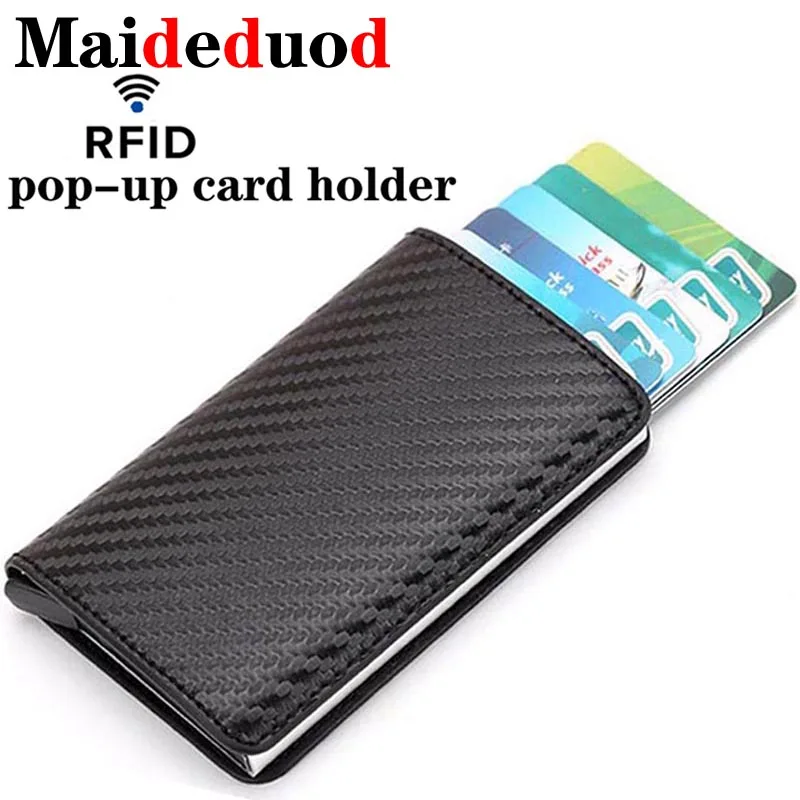 

2019 Fashion Credit Card Holder Men And Women Metal RFID Aluminium Box Carbon fibre PU Leather Card Wallet Pop up Card Holder