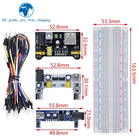 Módulo de placa de pruebas de potencia, prototipo de 830 puntos para kit arduino, incluye 65 cables puente, +MB-102, 3.3 V/5 V, venta al por mayor