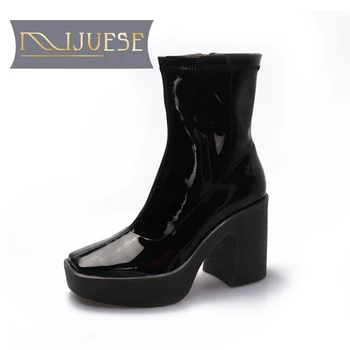 

MLJUESE 2021 women soft ankle boots Patent leather zippers boots winter short plush square toe high heels women boots