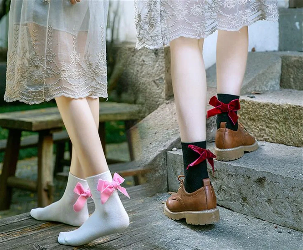 Чулки с бантом в стиле Лолиты; милые женские кружевные короткие носки в японском стиле; хлопковые носки разных цветов; B612