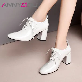 

ANNYMOLI Women Shoes High Heels Natural Genuine Leather Block High Heels Shoes Cow Leather Round Toe Shoes Ladies New Size 34-41