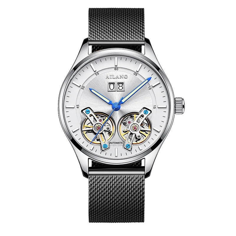 AILANG Роскошные двойные Tourbillon Мужские часы модные деловые светящиеся наручные часы Мужские часы автоматические механические часы Relojes - Цвет: Steel 05