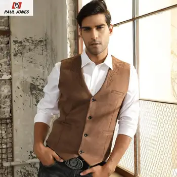 

PAUL JONES Faux Suede Leather Vest Men Western Vest Embroidery Waistcoat V-Neck Handkerchief Hem Sleeveless Jacket Vest Slim Fit