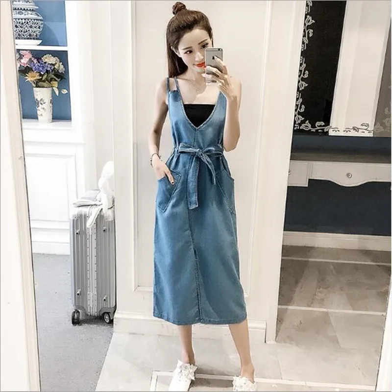 Vestido, длинное джинсовое платье, женское летнее платье с поясом и v-образным вырезом, джинсовое платье на бретелях, сарафан, джинсовое платье-комбинезон для женщин N228