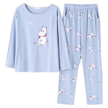 

2019 Womens Pajamas Sleepwear Full Sleeve Animal Print Blue T- Shirt And Full Length Pajama Set Sleep Wear For Women Big Yard