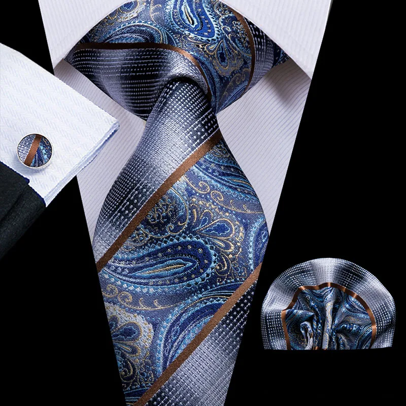 SN-1641 Hi-Tie Модные синие шелковые галстуки для мужчин Пейсли и полоса шеи галстук платок набор запонок для мужчин костюм деловой свадьбы