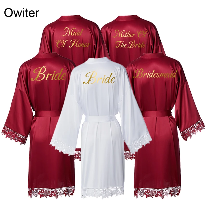 

Owiter 2020 New Matt Satin Lace Robe Bride Robe Bridesmaid Robes Women Wedding Robe Gift Bathrobe Kimono Sleepwear Burgundy