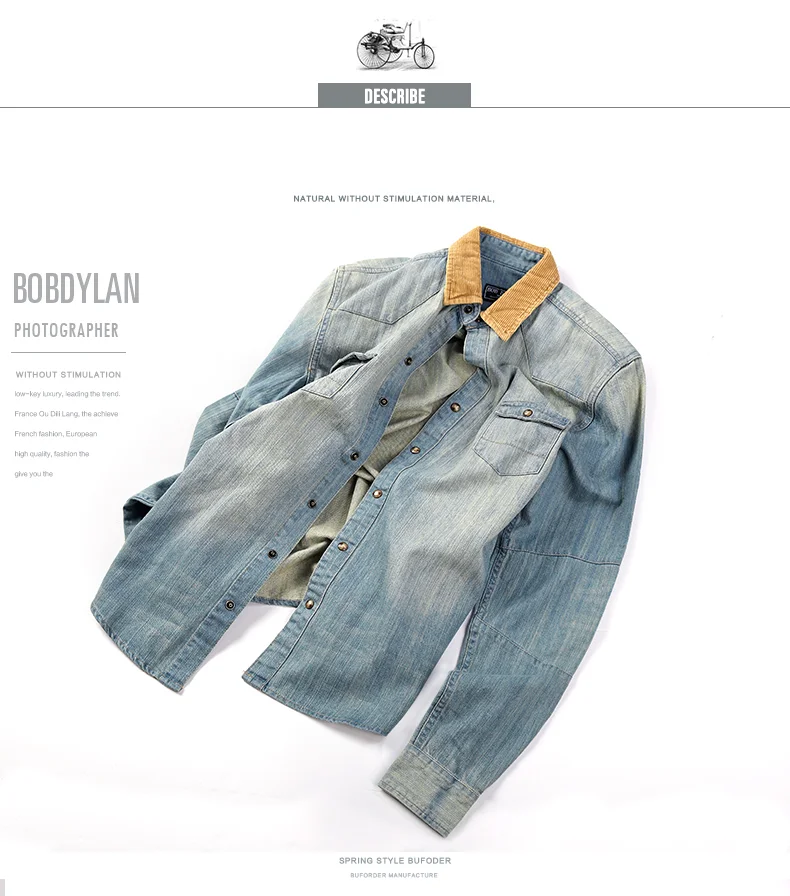 S-2XL Vintage Denim Shirts Men Casual Corduroy Collar Shirts Male Fashion Single Breasted Long Sleeve Loose Jeans Top DS50923