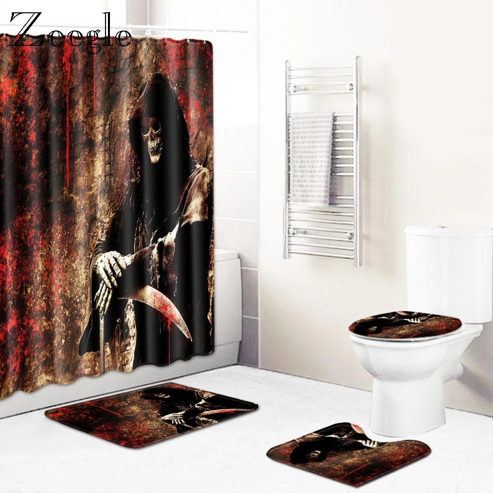 Zeegle Printed Bath Mat Set Halloween Flannel Mat for Toilet Decoration Toilet Shower Curtain with Hooks Bathroom Accessories