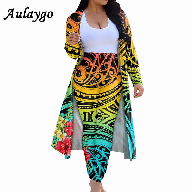 

Plus Size 2 Pieces Set Polynesian Hibiscus Samoas New Designer Lady Long Sleeve Cardigan Fashion Elasticity Women Bodycon Pants