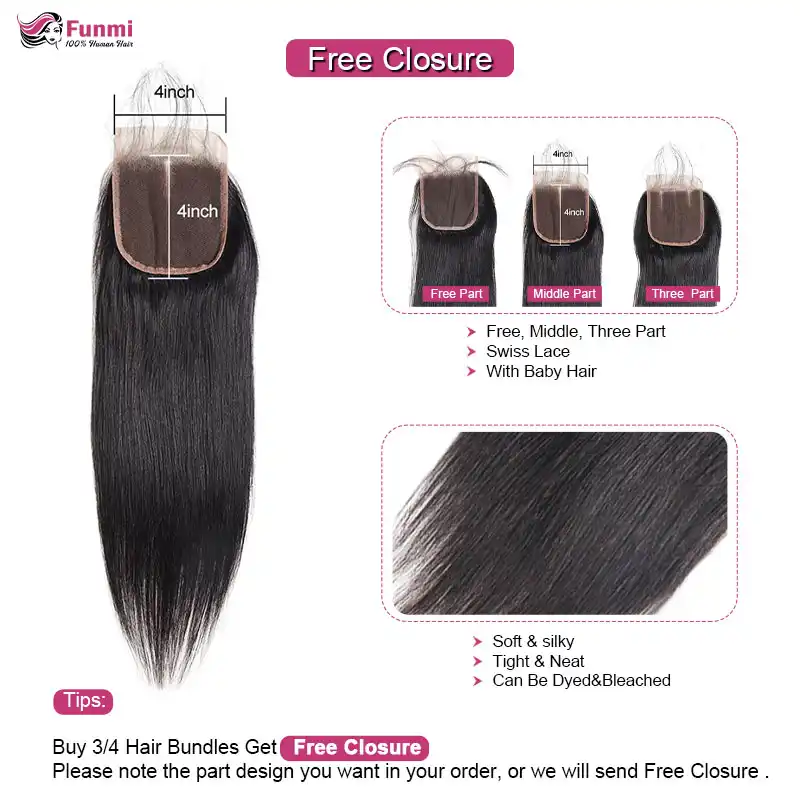 3 4 Straight Hair Bundles With Free Closure 100 Human Hair
