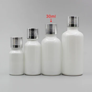 

30ml Pearl White Essential Oil Glass Bottle With Silver/Black Screw Cap