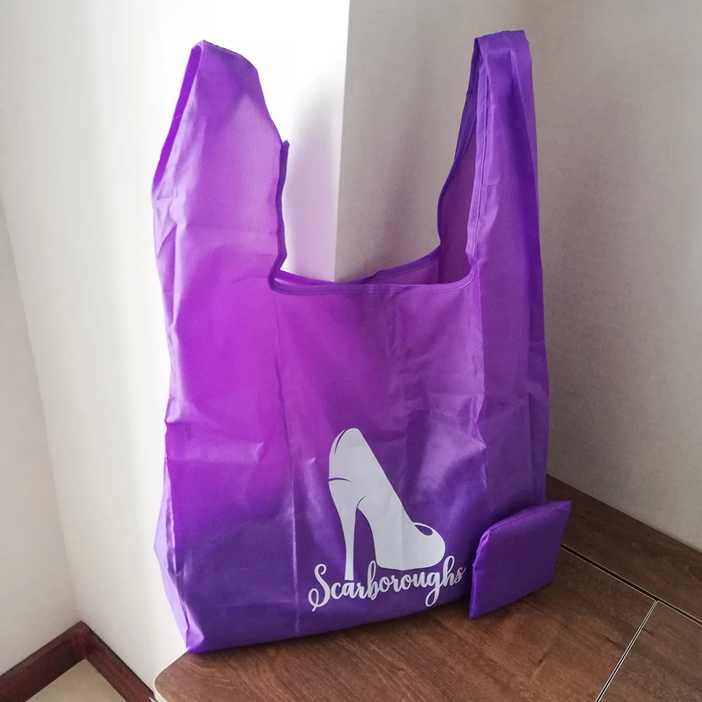 500 шт./лот, рекламная распродажа, печатная складная сумка для продуктов, многоразовая сумка для покупок, полиэфирная большая сумка на заказ с логотипом, легко носить с собой