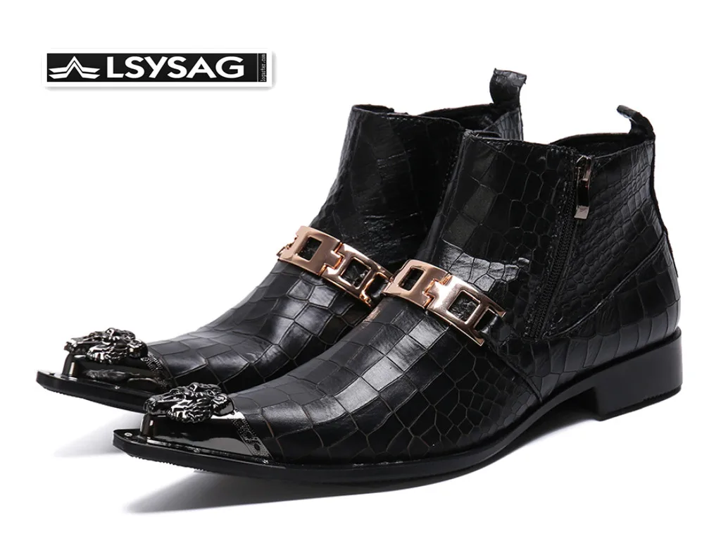 

Italian Fashion Men Party Dress Boots Metal Pointed Toe Real Leather Short Motorcycle Boots Man Zip Ankle Boots
