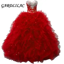 Красное платье Quinceanera Beadings Кристальный Тюль платья 15 лет Дебютант Милая шея Vestidos De 15 Anos
