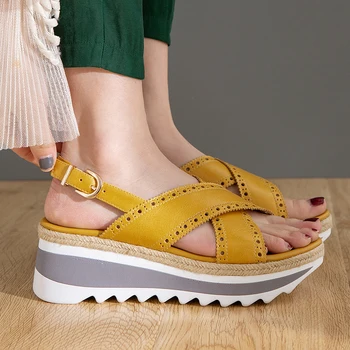 

women sandals Genuine Leather 22-24.5cm ladies shoes Horse oil leather platform sandals Hollow rubber bottom 5cm sandals women