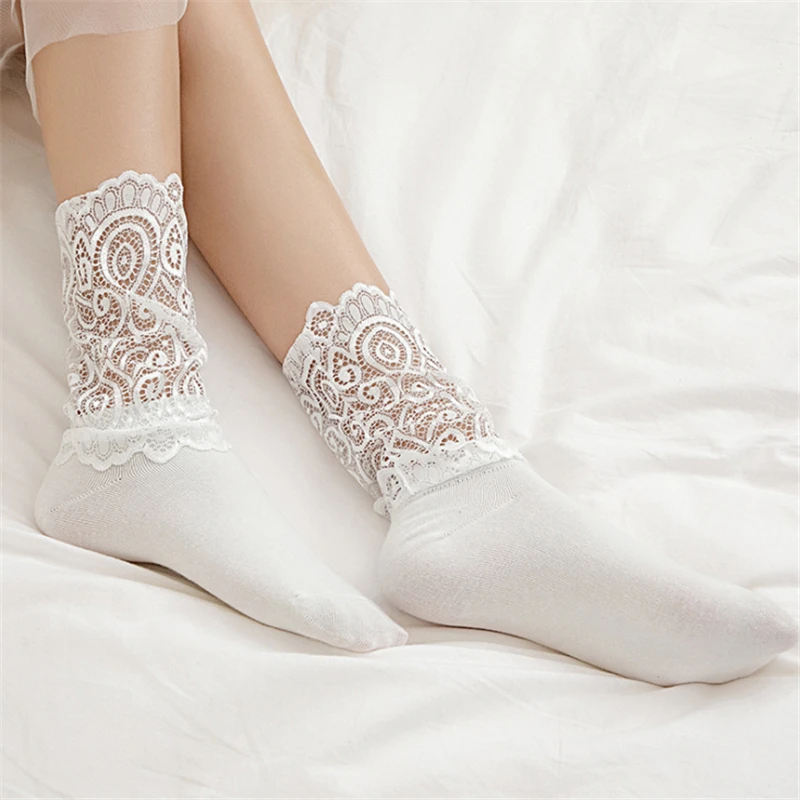 Sexy Lace Floral Mesh Socks Women Black Transparent Short Cotton Sock For Ladies Elastic Retro Cute Socks Female New