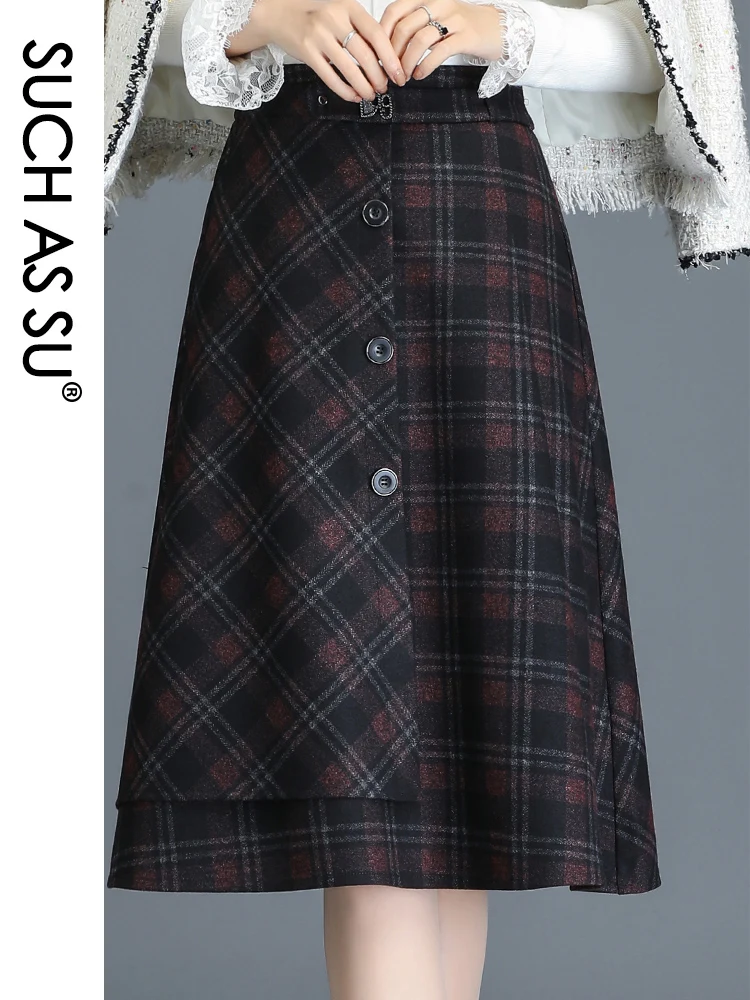 

Irregular Skirt Women 2020 Winter Blue Red Green Wool Lattice Print High Waist Splicing S-3XL Female Mid-Calf Big Swing Skirt