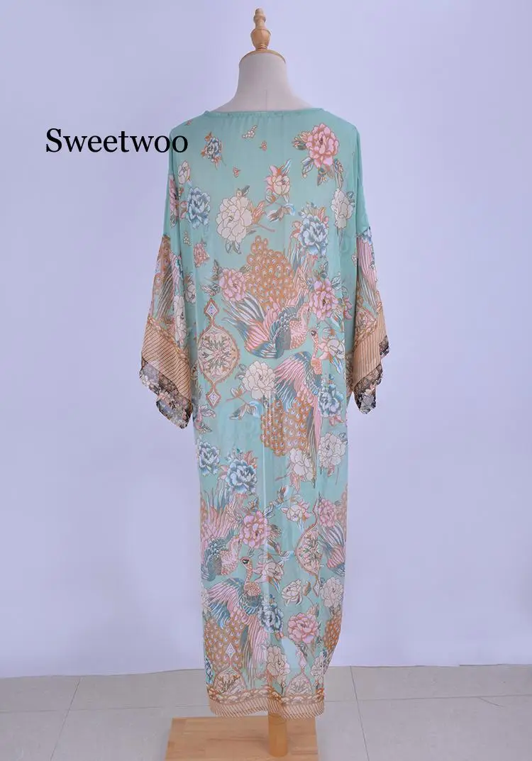 kimono Wrapped coat for women rayon boho green floral print summer coat beach wear long 2020