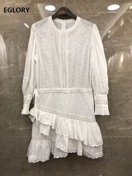 

Top Quality Cotton Dress 2020 Spring Summer White Pink Dress Women Allover Exquisite Embroidery Ruffle Sexy Asymmetrical Dress