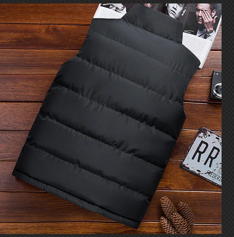 Autumn& Winter New Style Men Stand Collar Solid Color Thick down Jacket Cotton-padded Clothes Vest Large Size Casual Vest Men's
