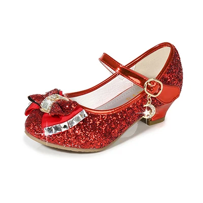 Детская кожаная обувь принцессы для девочек; Повседневная блестящая детская обувь на высоком каблуке; коллекция года; обувь для девочек с бантом-бабочкой; цвет синий, розовый, серебристый - Цвет: red