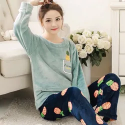 Pajamas Women Winter Flannel Long-sleeved Thickening Plus Velvet Coral Fleece Cute Autumn And Winter Home Service Suit Female