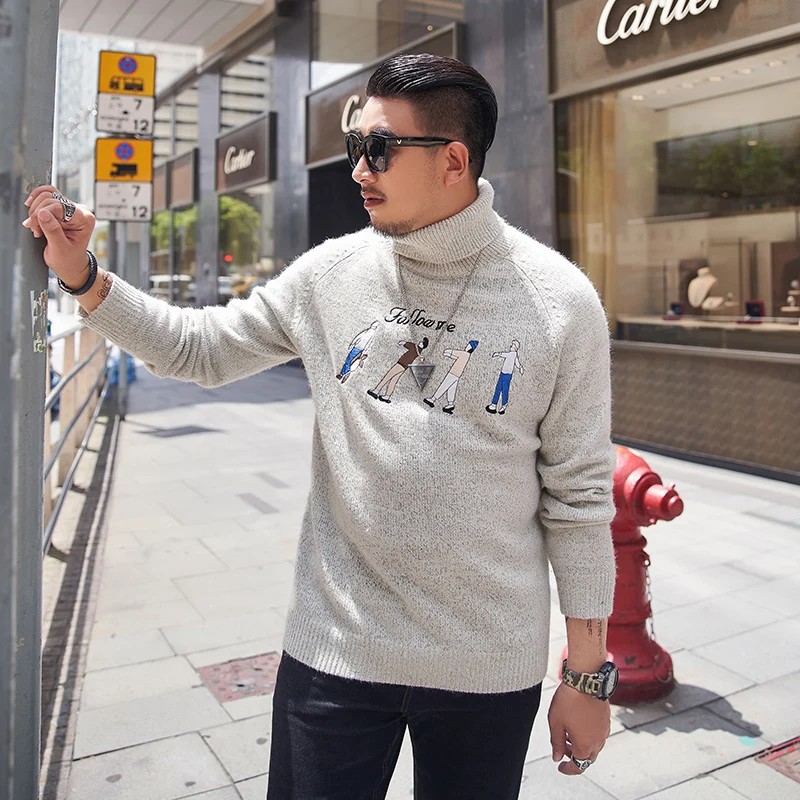 GXXH New Personalized Embroidery Turtleneck Sweater Men Warm Winter Thick Black Beige Color Pullover Sweaters Big Size Male