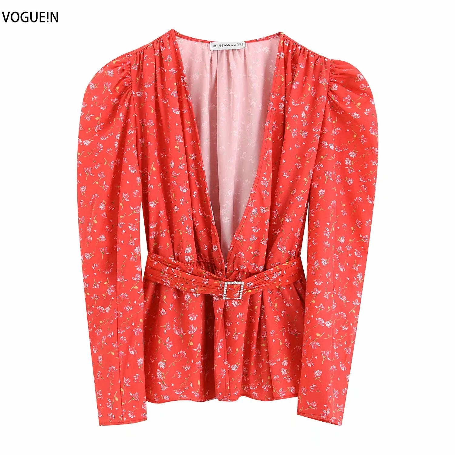 

VOGUEIN New Womens Floral Print Long Sleeve V-Neck Belt Red Cardigan Top Shirt Blouse Wholesale