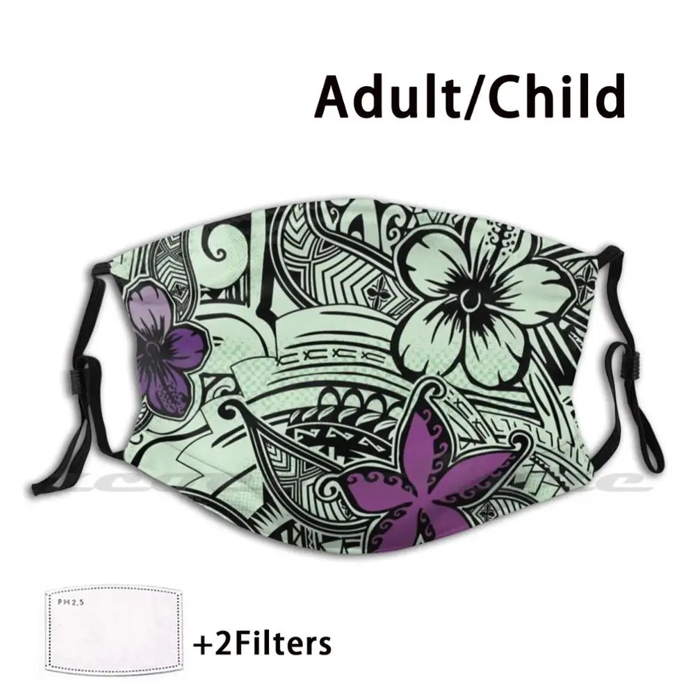 

Hawaiian-Samoan-Polynesian Purple And Green Tropical Print Mask Adult Child Washable Pm2.5 Filter Logo Creativity