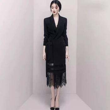 

Women High Quality Elegant Runway Luxury Designers Long Blazer Suit Jacket Ladies Black Lace Splice Dress Femme Robe