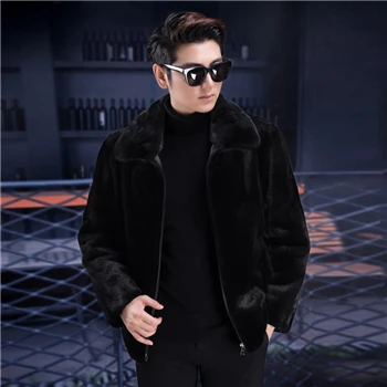 Lapel Новинка, настоящая норковая шуба, мужская куртка из натуральной кожи, зимняя теплая модная черная шуба из натурального меха норки на молнии с капюшоном, черные куртки - Цвет: Lapel